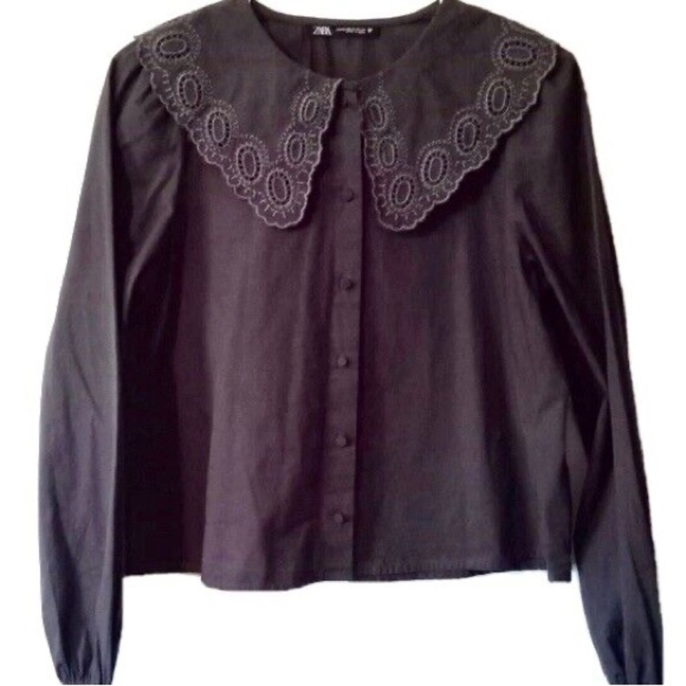 Zara Bib Collar Blouse Size Medium Women Grey Black
